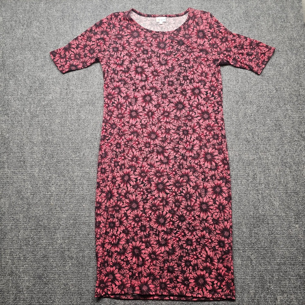 LuLaRoe Julia Dress Pink Black Floral Daisy Short Sleeve Sheath Stretch Large